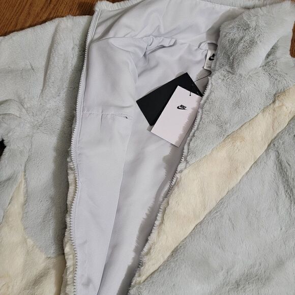 Nike Sportswear Faux Fur Swoosh Jacket Photon Dust Grey Giant Logo Dunk Low L - Picture 9 of 16